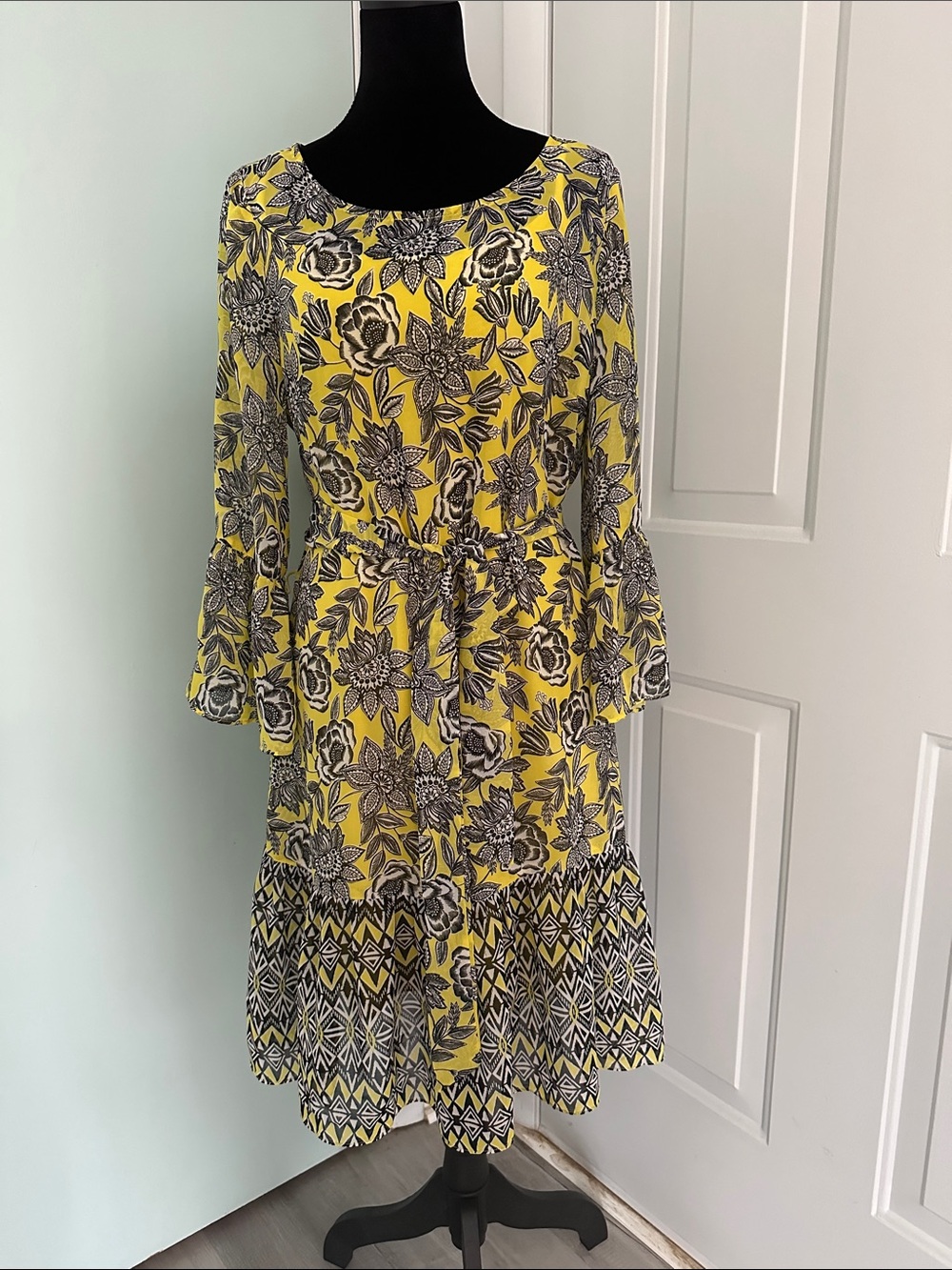 Yellow Floral Long-Sleeve Tiered Dress with Drawstring Waist